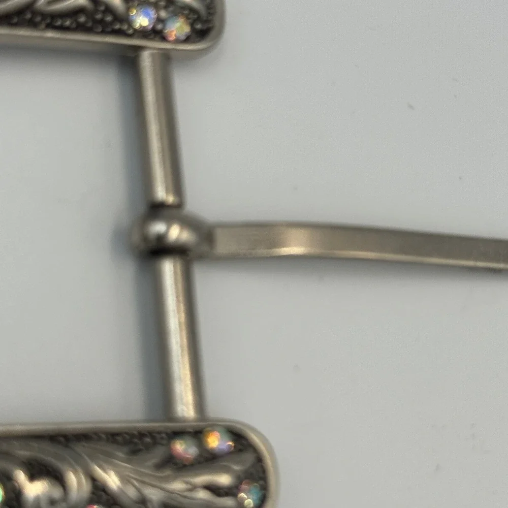 Western Floral Engraved Silver Tone Belt Buckle Iridescent Rhinestones‎